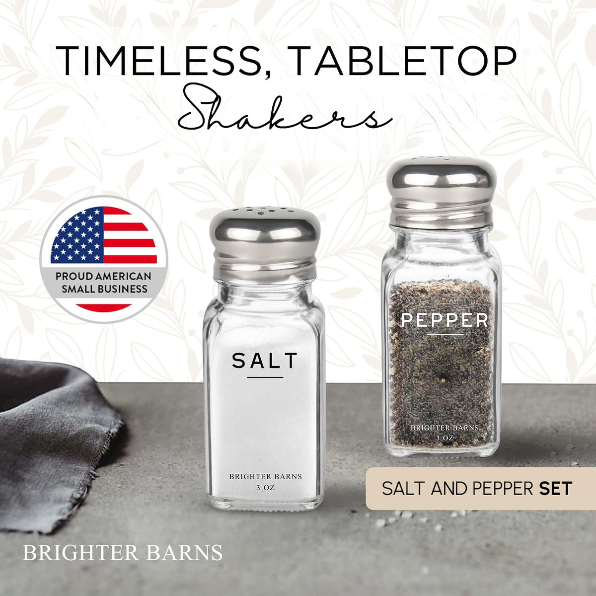 Glass Salt and Pepper Shakers Set by Brighter Barns - Modern Kitchen Decor, Dining Table Countertop Accessory