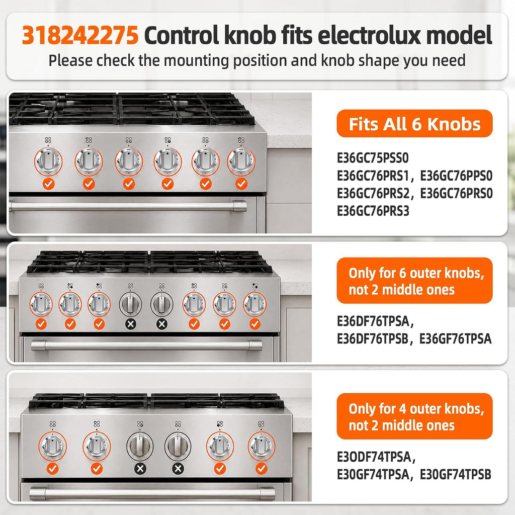 6 Pcs 318242275 Burner Control Knob for Electrolux Gas Cooktop Fits E30DF74TPSA E30GF74TPSA E36DF76TPSA E36GC76PPS E30GF74TPB Match Parts 3513943 AP5809411 PS9495232 EAP9495232