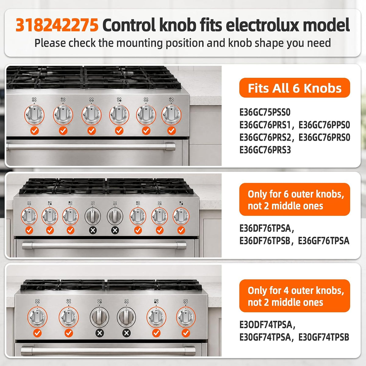 6 Pcs 318242275 Burner Control Knob for Electrolux Gas Cooktop Fits E30DF74TPSA E30GF74TPSA E36DF76TPSA E36GC76PPS E30GF74TPB Match Parts 3513943 AP5809411 PS9495232 EAP9495232
