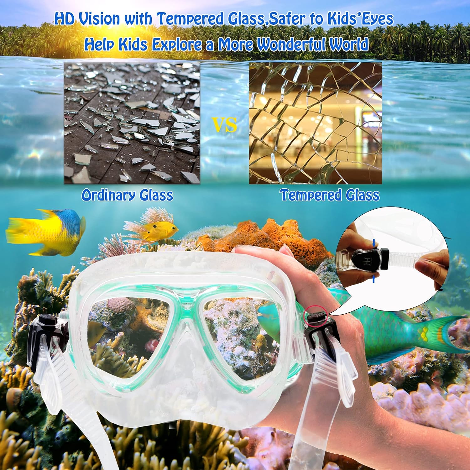 Kids Mask Fins Snorkel Set Snorkeling Packages, with Diving Mask, Snorkel, Adjustable Swim Fins, Mesh Bag, Anti-Fog