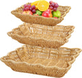 3 Pack Poly Wicker Bread Baskets, Imitation Rattan Fruit Baskets, Rectangular Tabletop Woven Serving Baskets Trays
