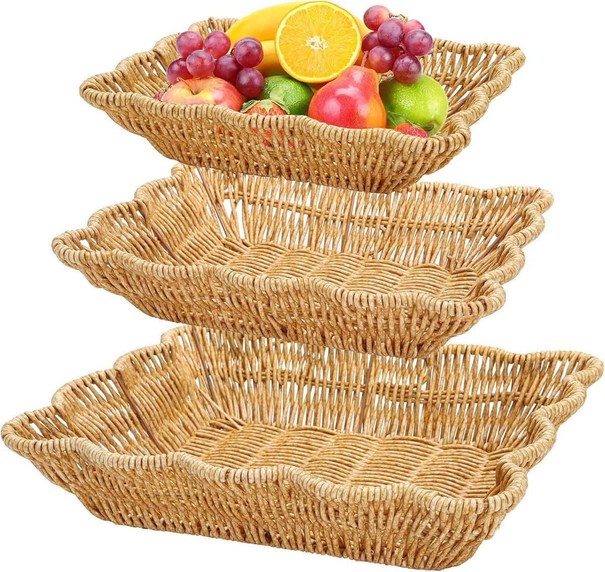 3 Pack Poly Wicker Bread Baskets, Imitation Rattan Fruit Baskets, Rectangular Tabletop Woven Serving Baskets Trays
