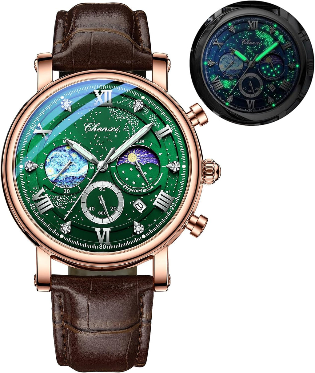Men Classic Watches Chronograph Analog Watch Business Dress Leather | Waterproof Luminous Chronograph Starry Sky Moon