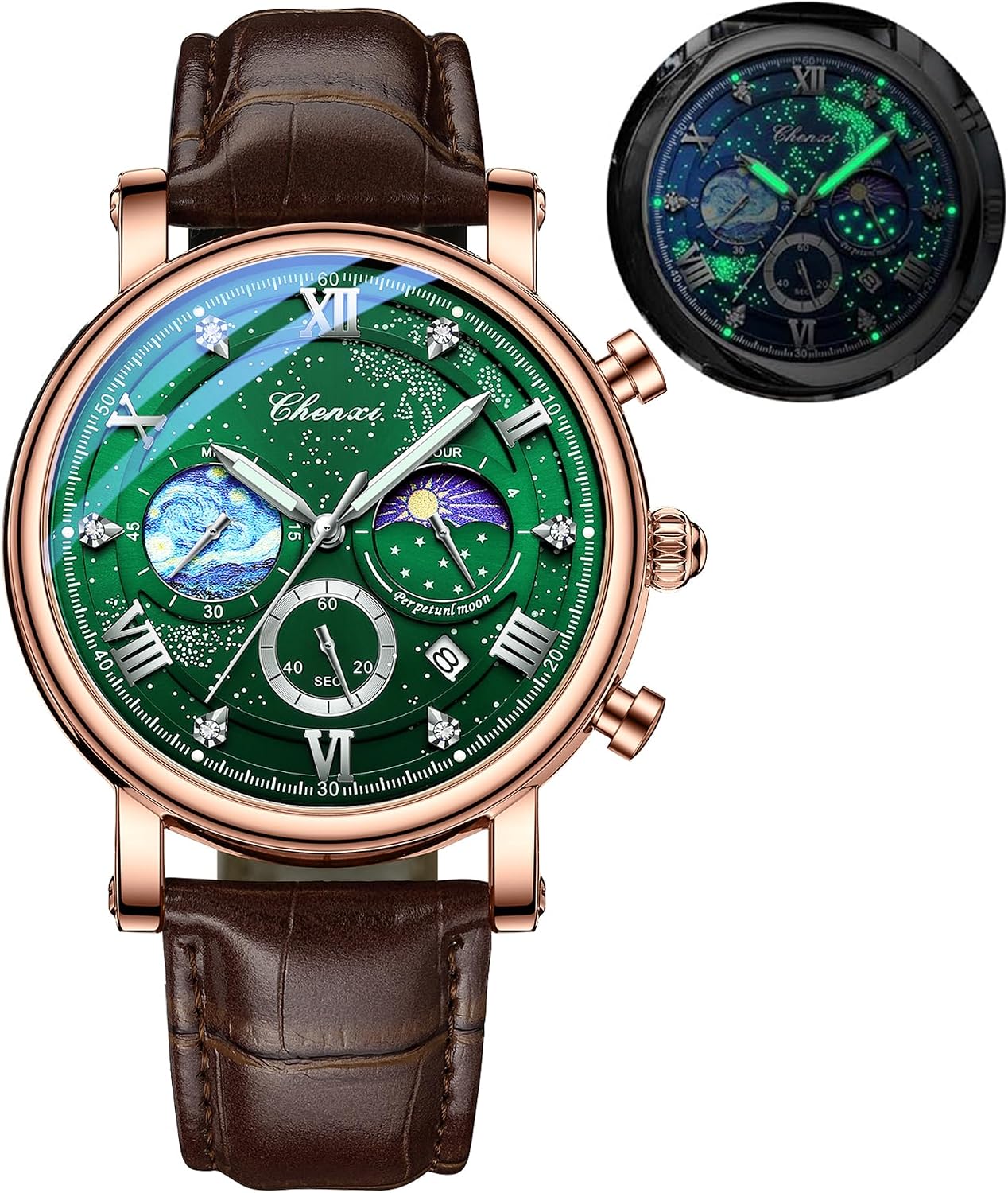 Men Classic Watches Chronograph Analog Watch Business Dress Leather | Waterproof Luminous Chronograph Starry Sky Moon