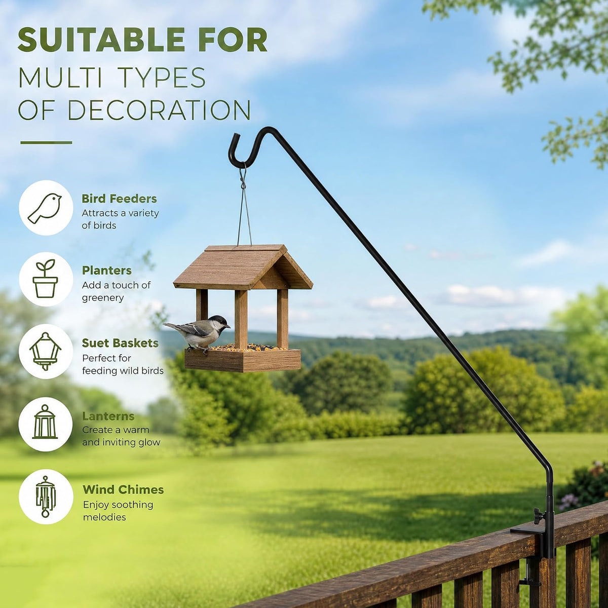 Heavy Duty Extensible Deck Hook - Adjustable for Hanging Bird Feeders, Plants, Wind Chimes, Lanterns