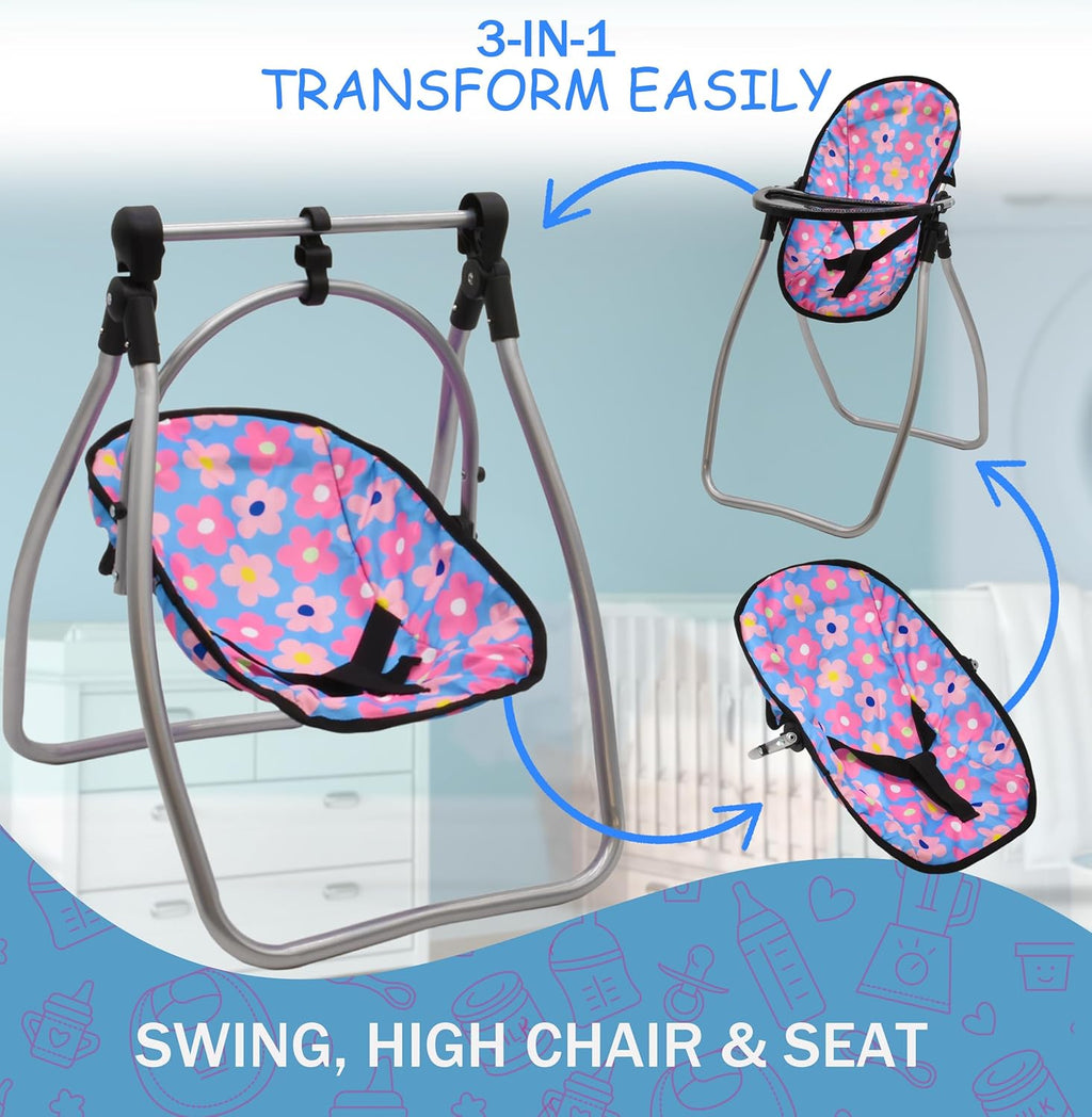 Baby Doll Stroller Bed and Swing Nursery Playset, Baby Doll Accessories Furniture Set Convertible High Chair Diaper