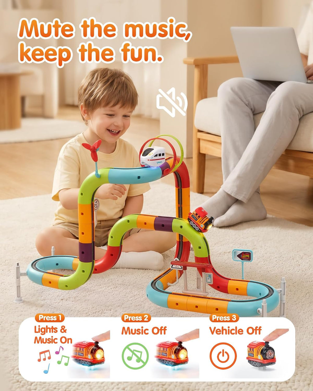 Electric Train Set for Kids Ages 4-8, Flexible Race Track - 64PCs | Dual-rail, Anti-gravity, 2 Trains with Music