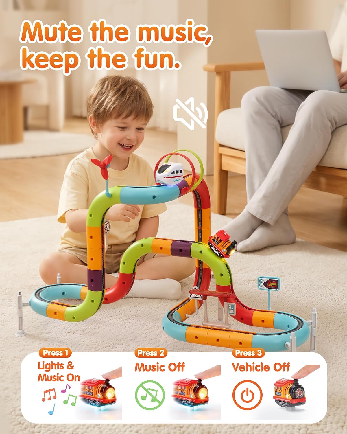 Electric Train Set for Kids Ages 4-8, Flexible Race Track - 64PCs | Dual-rail, Anti-gravity, 2 Trains with Music
