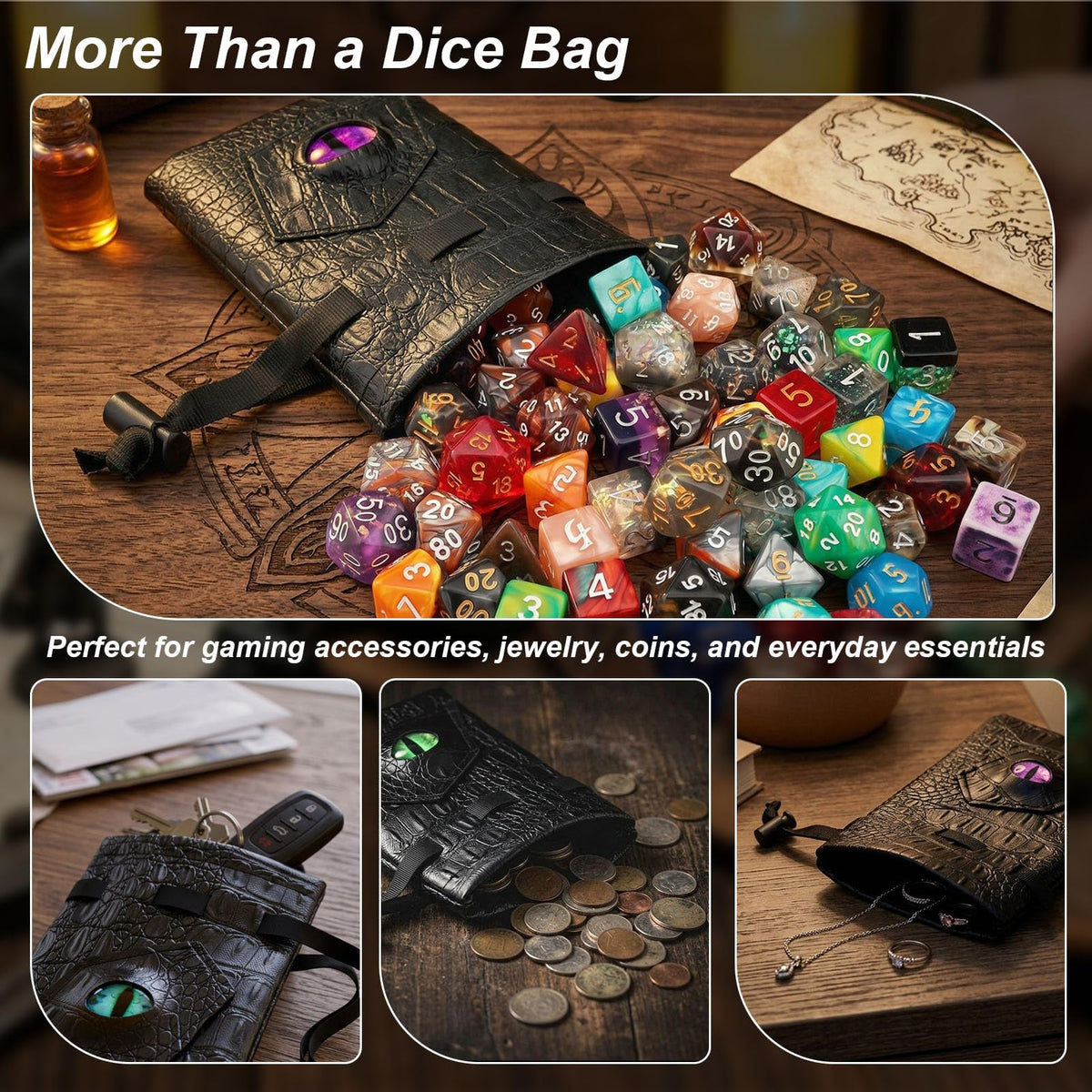 Dragon Dice Bag, PU Leather Pouch with 3D Glass Dragon Eye