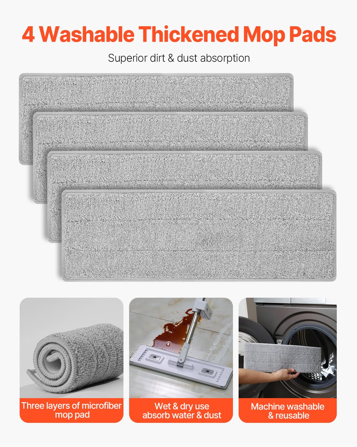Flat Mop, Self Wringing, Microfiber Floor Cleaner with 4 Reusable & Washable Pads for Dry & Wet Floor Cleaning