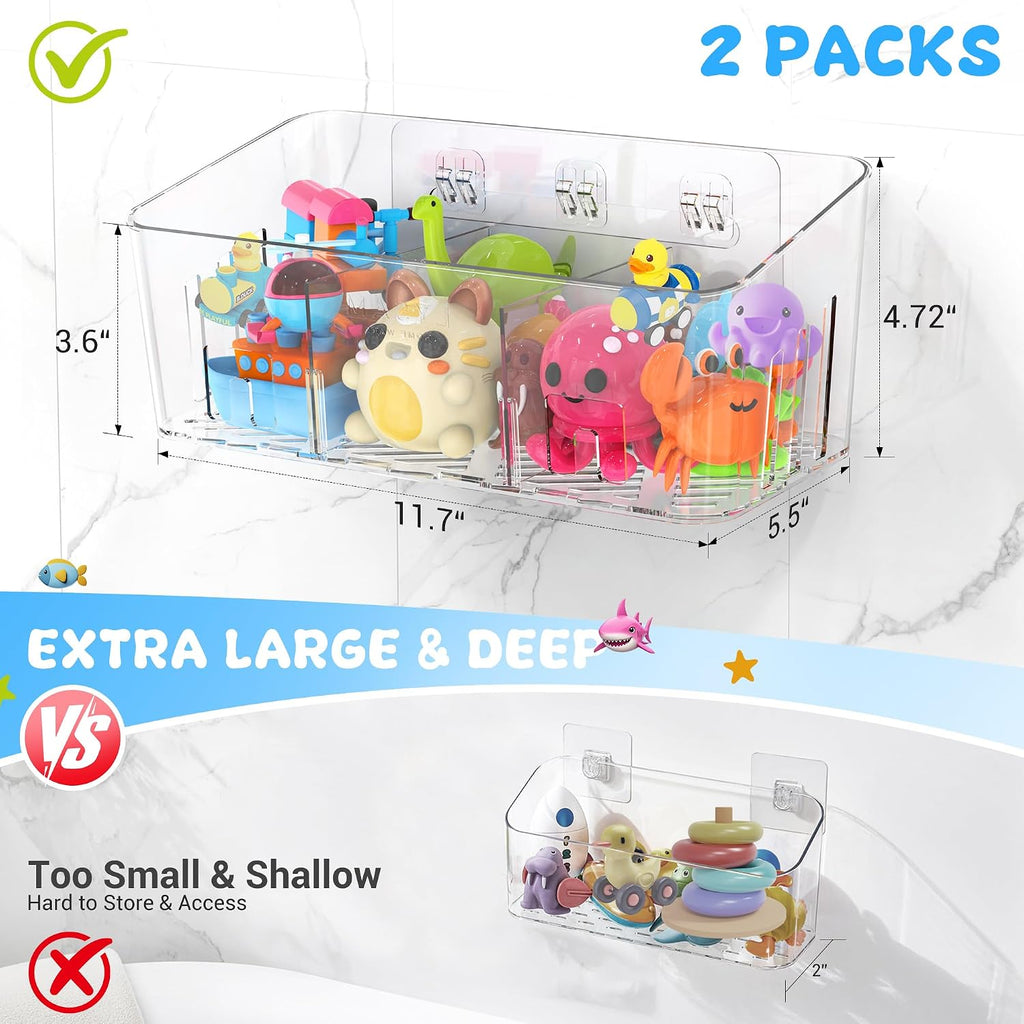 Bath Toy Storage 2 Packs, Large Bath Toy Holder - 3 Compartments, Quick-Dry | BPA-Free Bathtub Toy Organizer