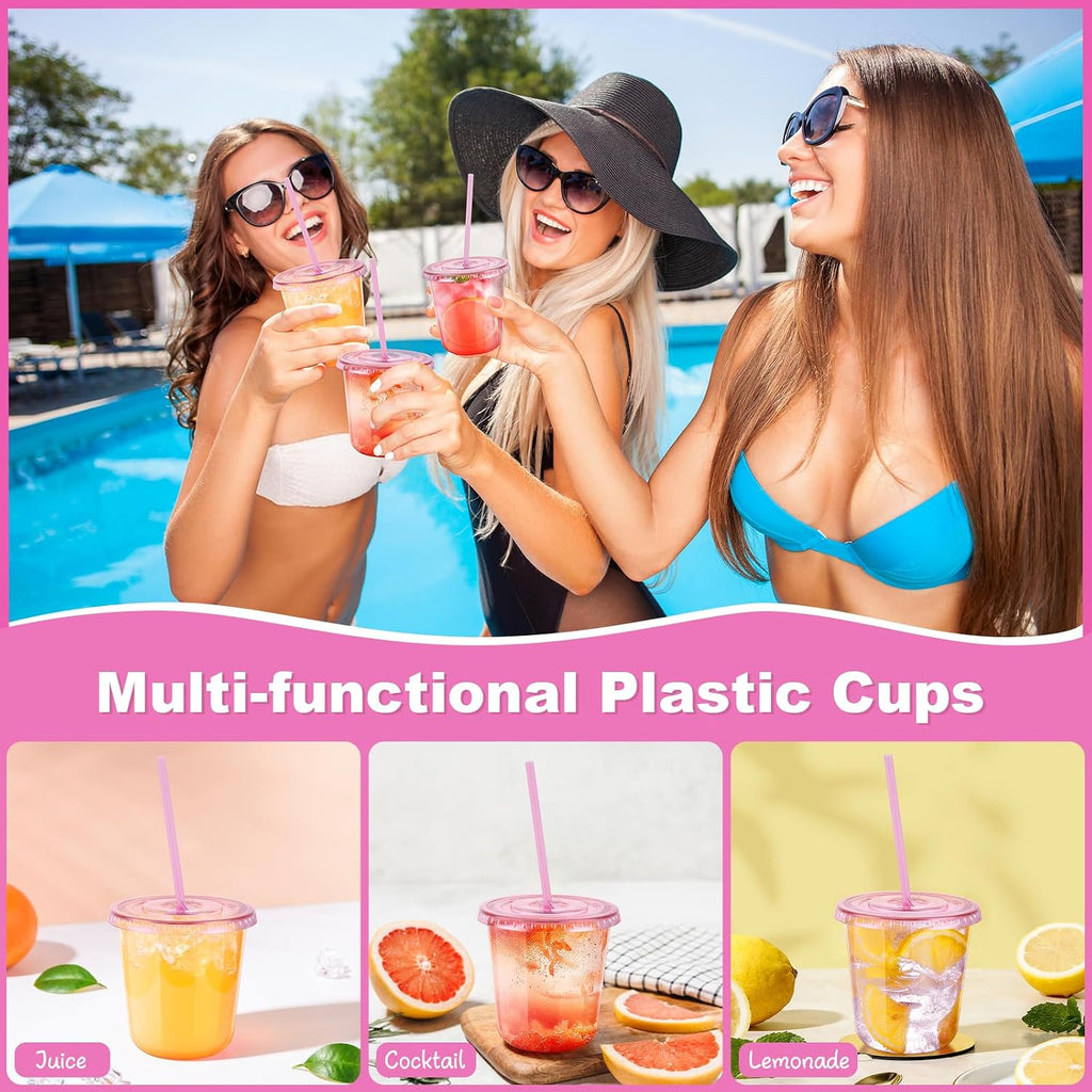 50 Pack 12 oz Pink Plastic Party Cups with Lids and Straws