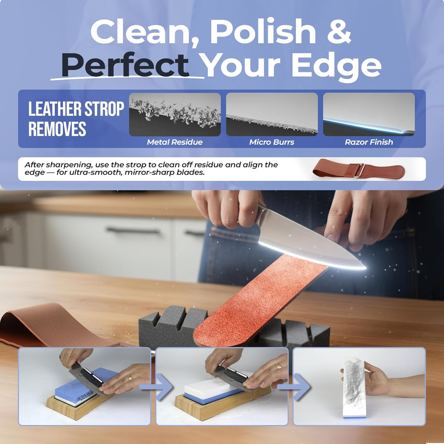 7 Piece Knife Sharpening Stone Set, Dual Grit Whetstone Kit, Angle Guide | 400/1000 & 3000/8000 grit with leather
