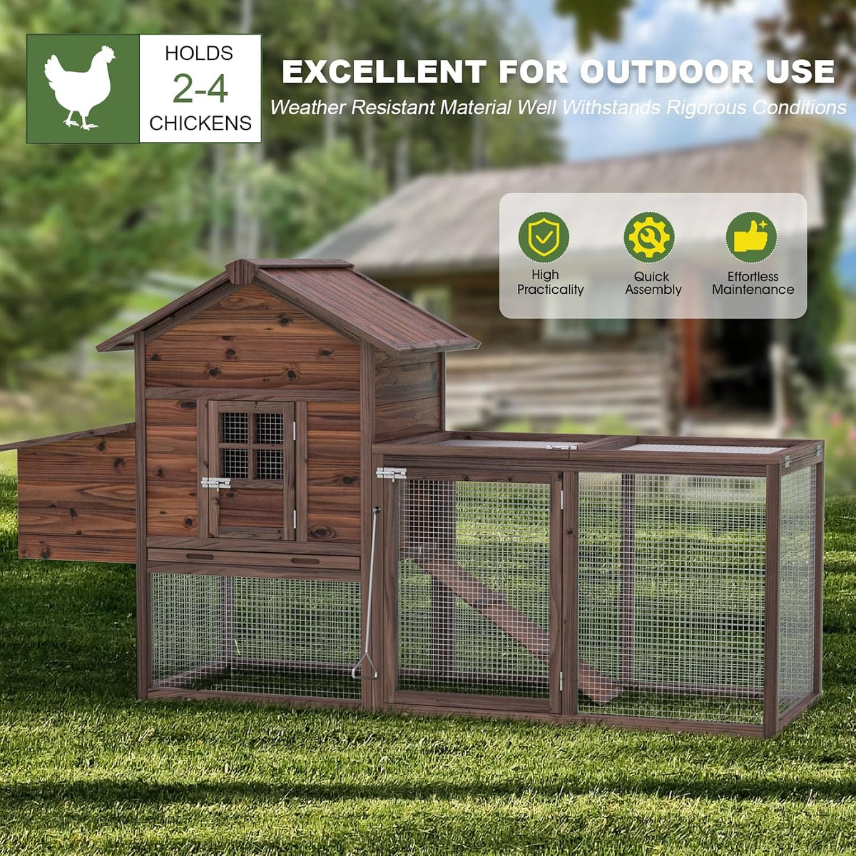 Wooden Chicken Coop Large Outdoor Hen House with Nest Box Poultry Cage Rabbit Hutch 80''- Waterproof UV Panel Brown