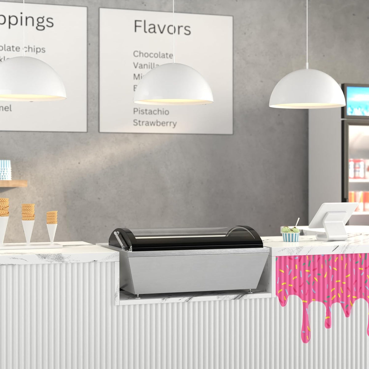 KM-CGDR-4P 32 in. 4-Pan Countertop Ice Cream Display Freezer with Curved Glass Top, ETL Listed