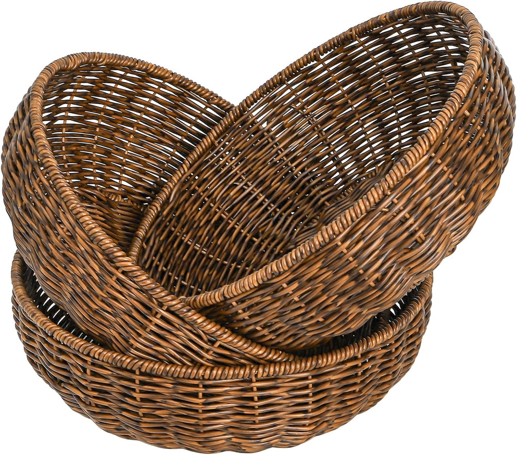 3 Pack Round Wicker Baskets, Fruits Bread Baskets, Tabletop Food Serving Baskets Trays, Handwoven Storage Basket Bin