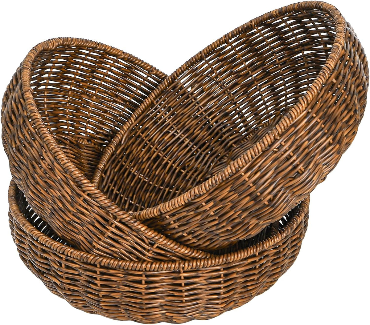 3 Pack Round Wicker Baskets, Fruits Bread Baskets, Tabletop Food Serving Baskets Trays, Handwoven Storage Basket Bin