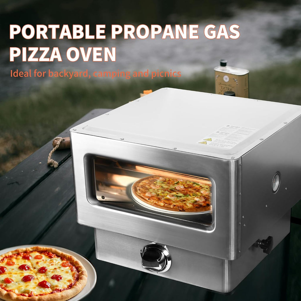 Gas Fired Pizza Oven - 12" Portable Outdoor Gas-Powered Oven with Pizza Stone, Countertop Stonebaked Pizza Maker