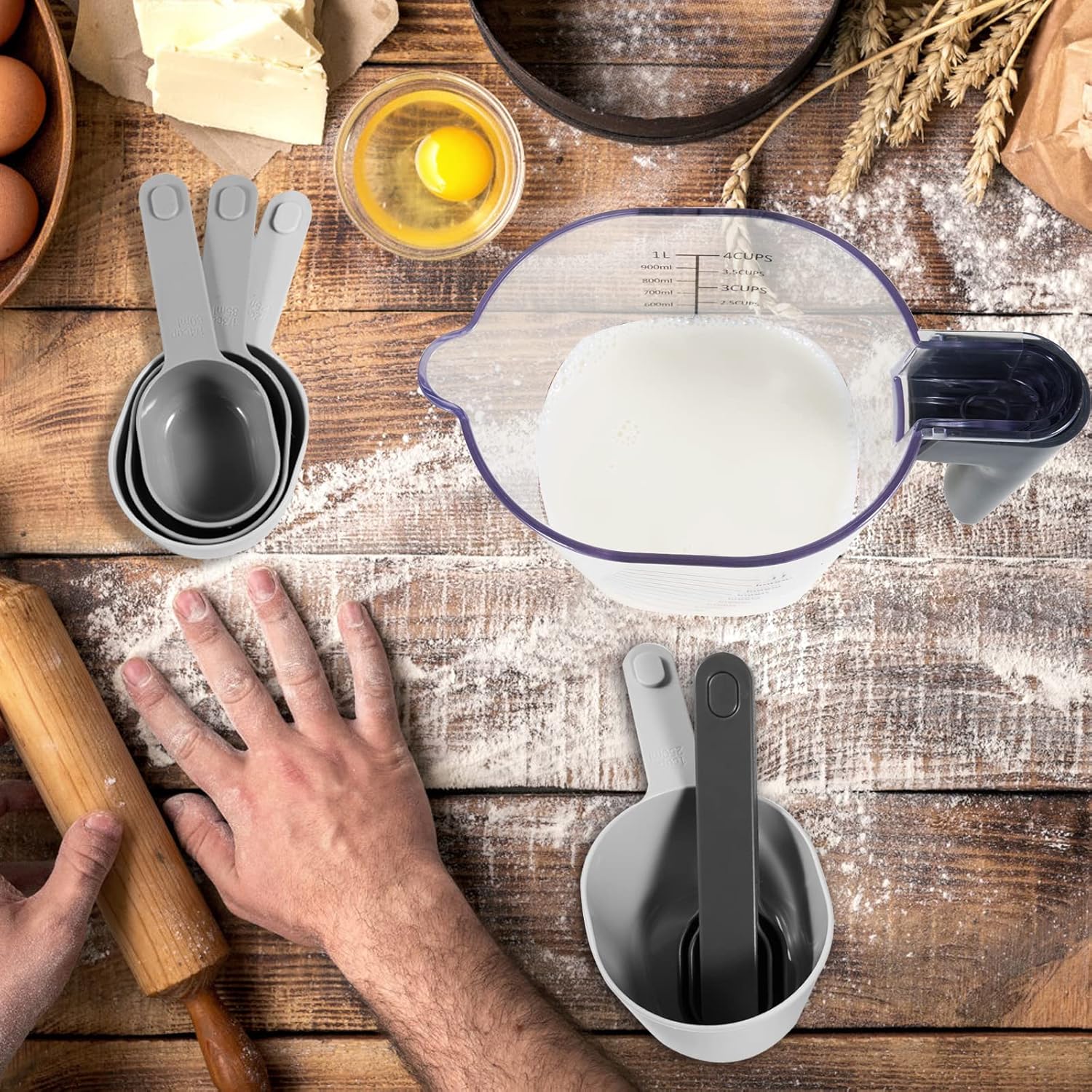 Measuring Cups and Spoons set 10 Pieces, Stackable Measuring Cup with Lid, Kitchen Cooking Baking Measuring Spoons