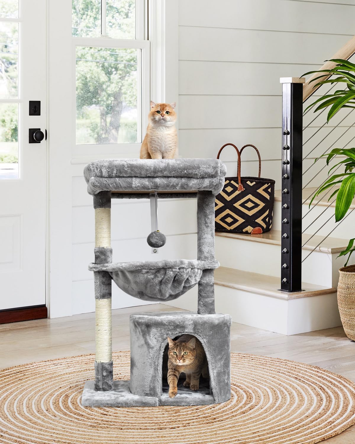 Small Cat Tree for Indoor Cats, Activity Cat Tower with Scratching Post for Kittens, Modern Cat Furniture with Basket