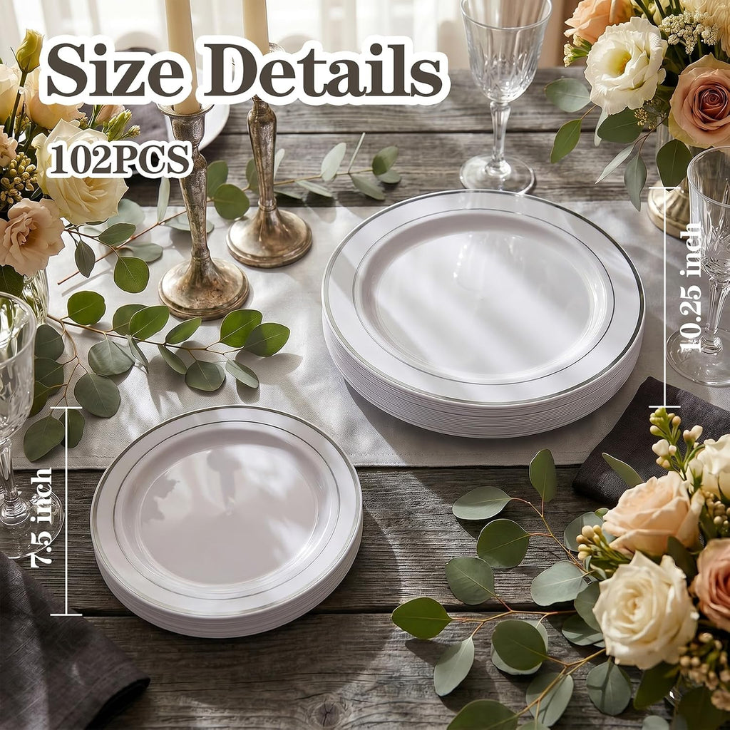 102 Pcs Silver Plastic Plates, Premium Silver Disposable Plates