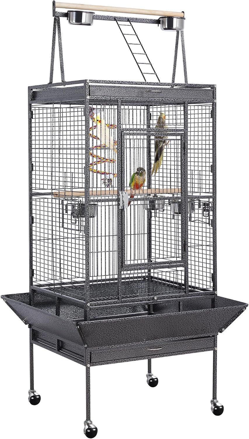 69" Large Bird Cage, Rolling Parrot Cage for Parakeets Cockatiels | Play Top with Ladder & Feeders, Slide-Out Tray