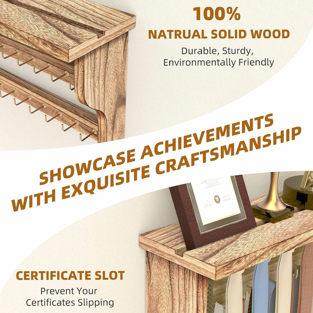 Medal Hanger Display, Large Capacity Trophy and Medal Display Shelf | Natural Solid Wood, Anti-Slip Groove, Widening