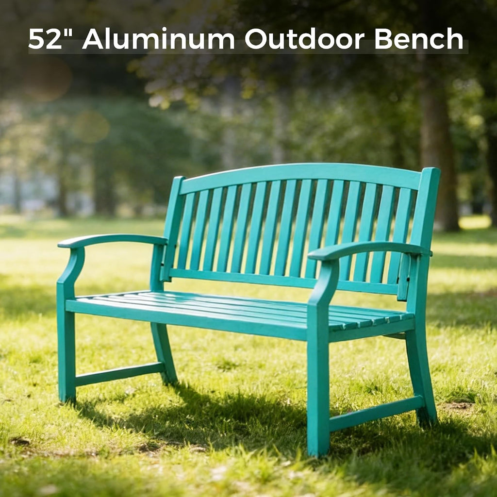 52" Farmhouse Outdoor Bench with Armrest, Turquoise Blue | Anti-rust Aluminum Frame, Faux Wood Grain Finish