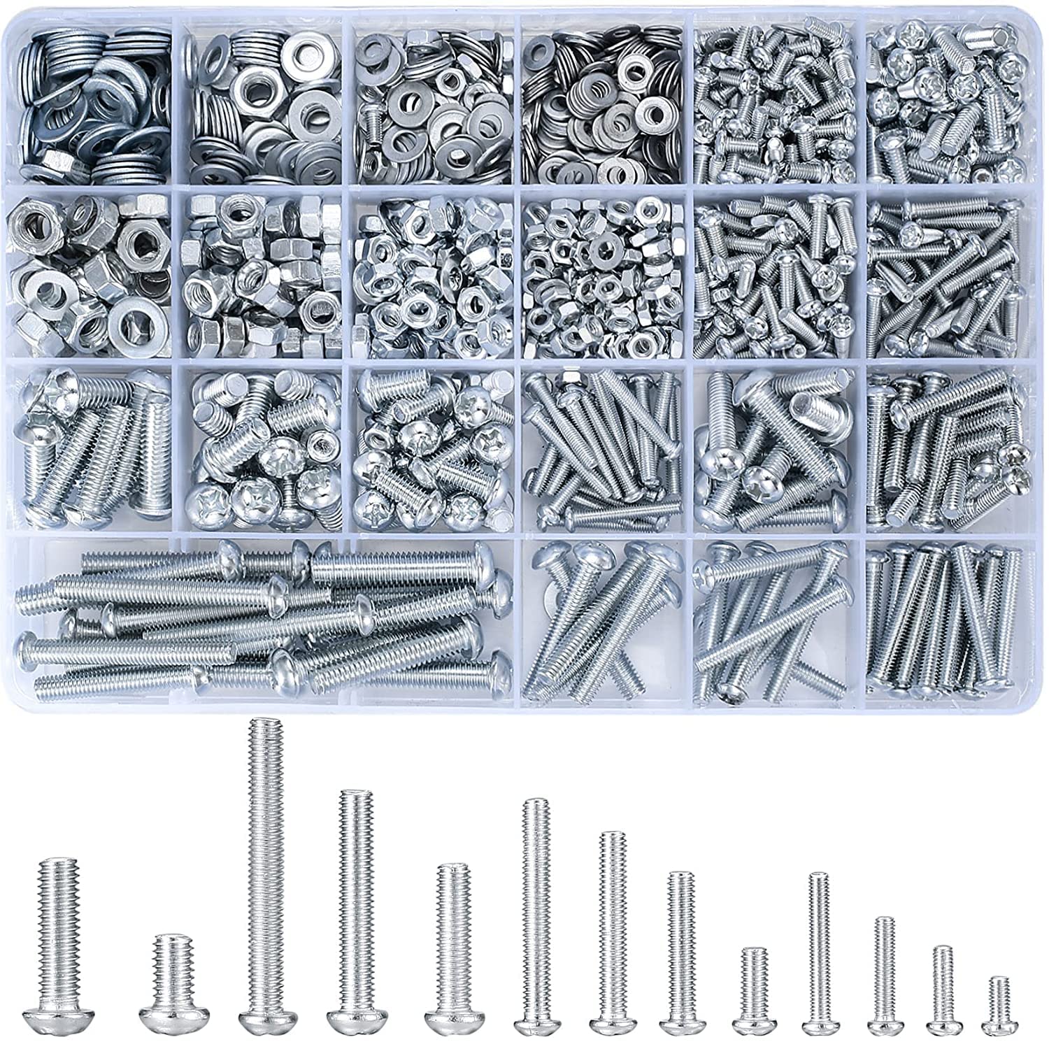 1080 Pcs Screws Bolts and Nuts Assortment Kit, Metric Machine Screws and Nuts and Flat Washers, M3/M4/M5/M6 Cross