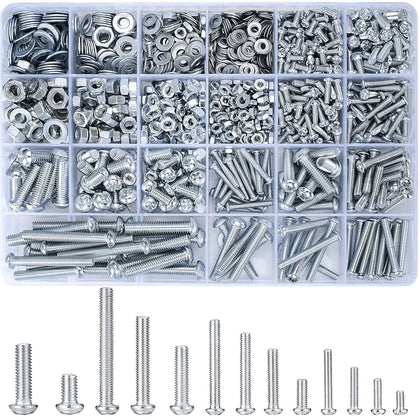 1080 Pcs Screws Bolts and Nuts Assortment Kit, Metric Machine Screws and Nuts and Flat Washers, M3/M4/M5/M6 Cross
