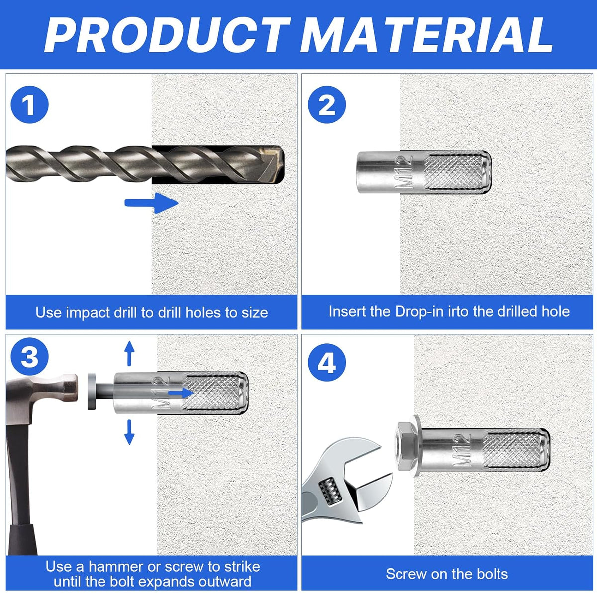 60Pcs Concrete Drop in Anchors, Expansion Bolts for Concrete Drywall