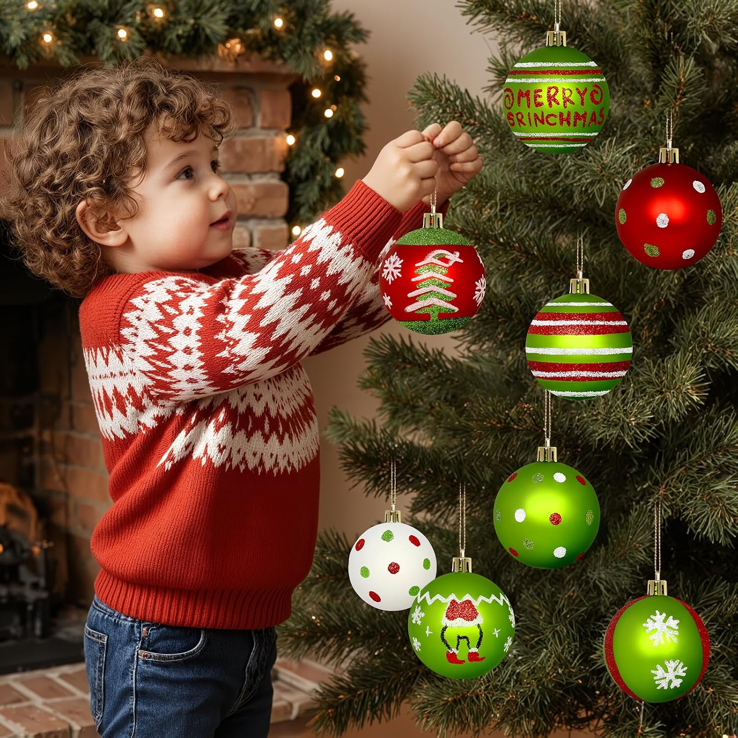 16 Christmas Tree Balls Ornaments Decoration 2.36'', Sparkly Red and Green | Pre-Strung/Shatterproof Christmas Indoor