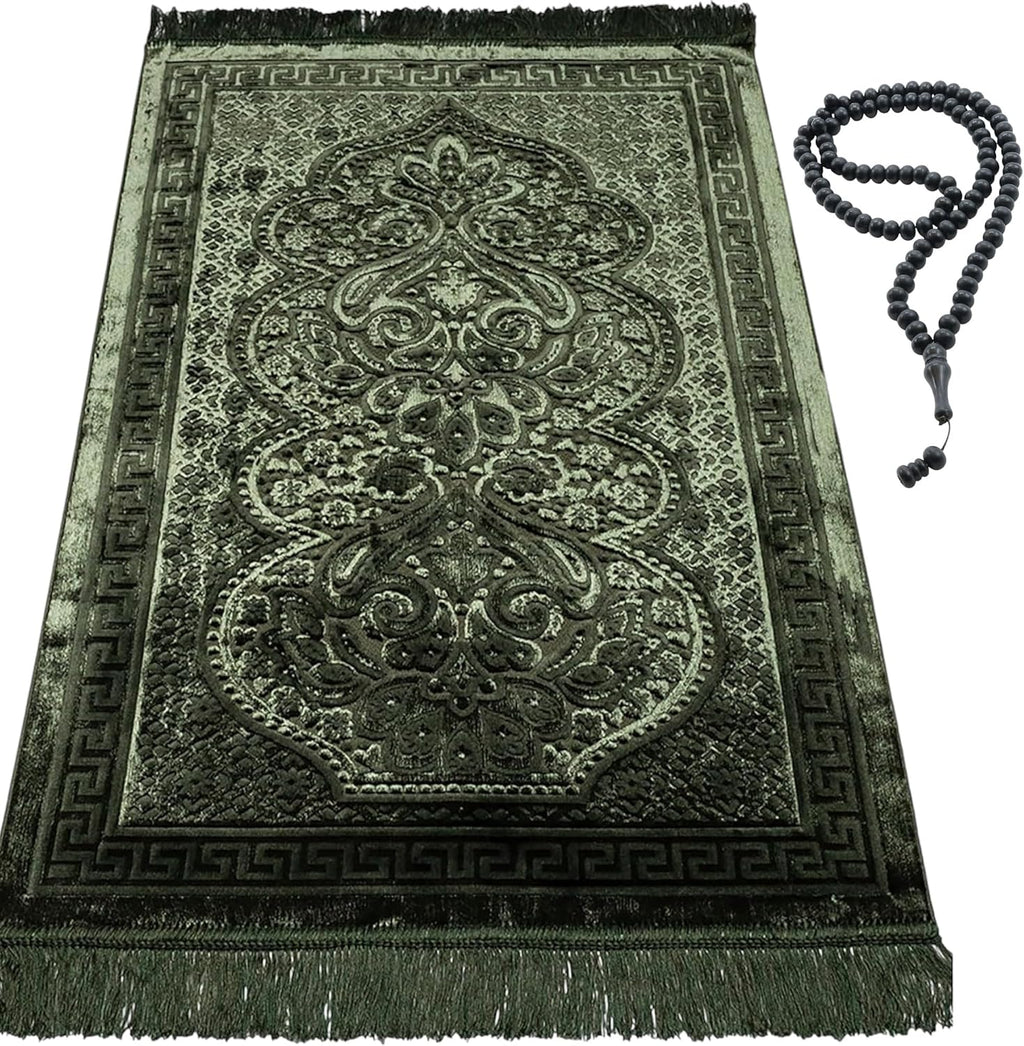 Luxury Velvet Plush Muslim Prayer Rug - Paisley (Dark Green)