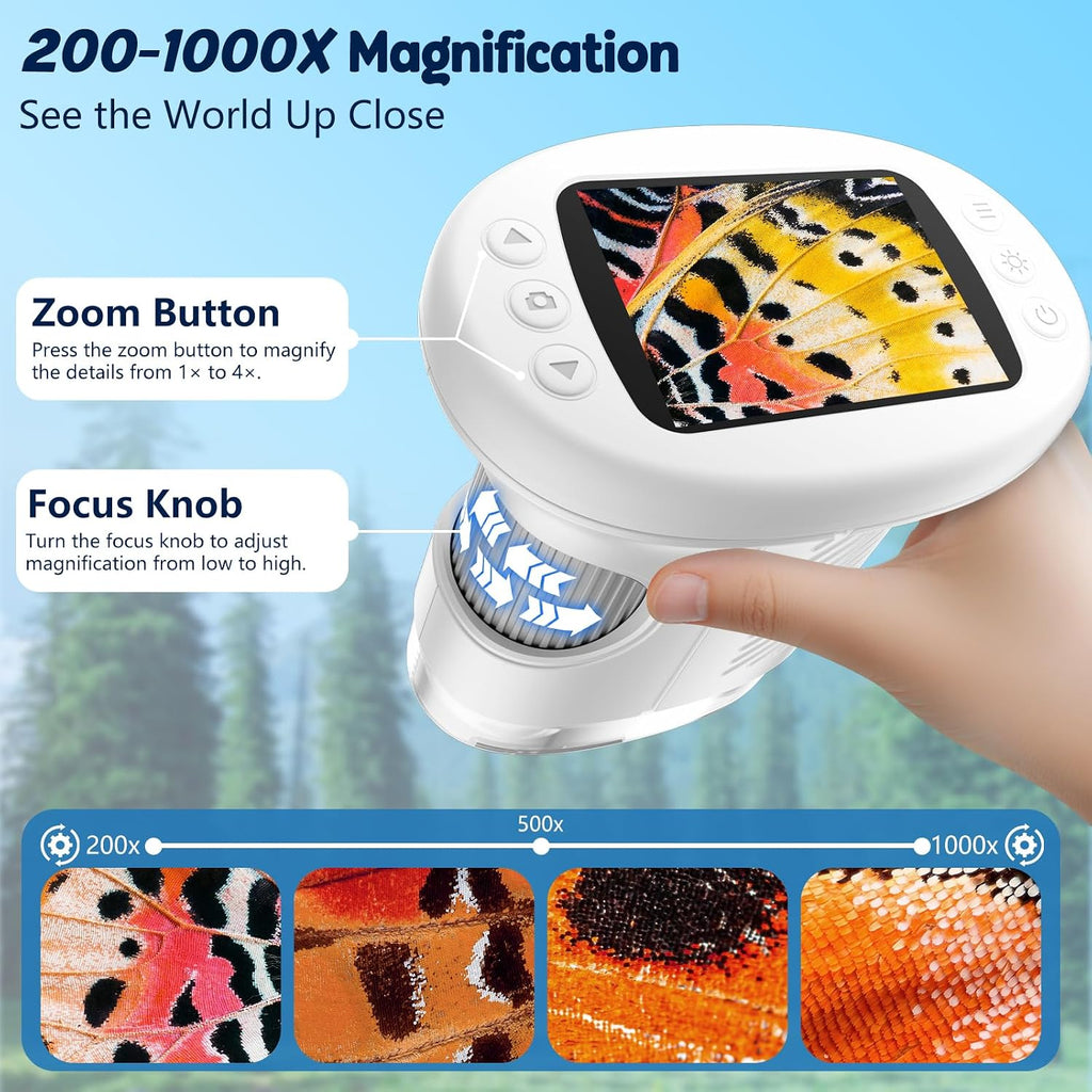 4K 1000X Digital Microscope for Kids with 32G Card, Long Distance Viewing & 2.4" Screen Portable Handheld Edu Toys