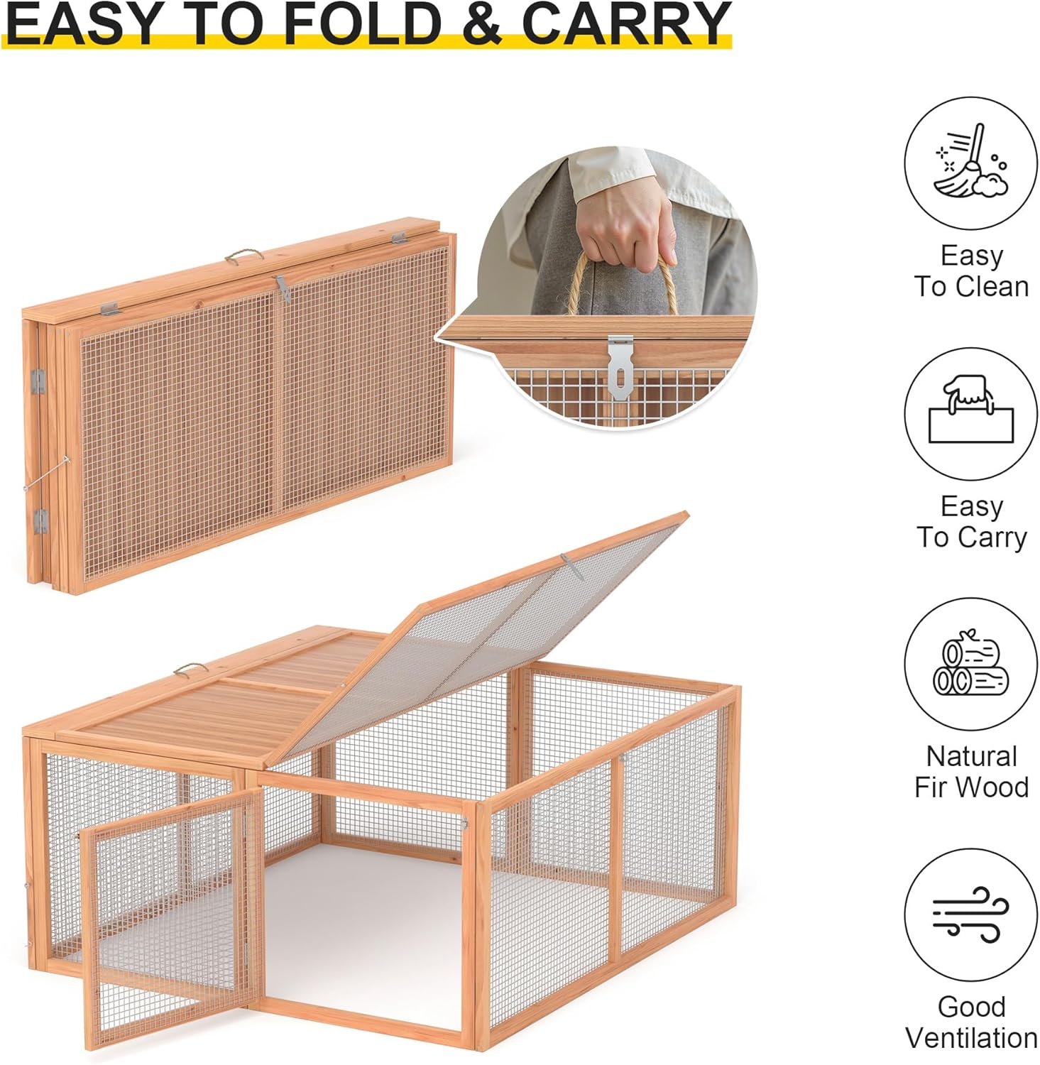 Chicken Coop, Folding Rabbit Hutch w/Handle Wooden Chicken Cage Pens w/Top & Sidewall Opening Doors Portable Small