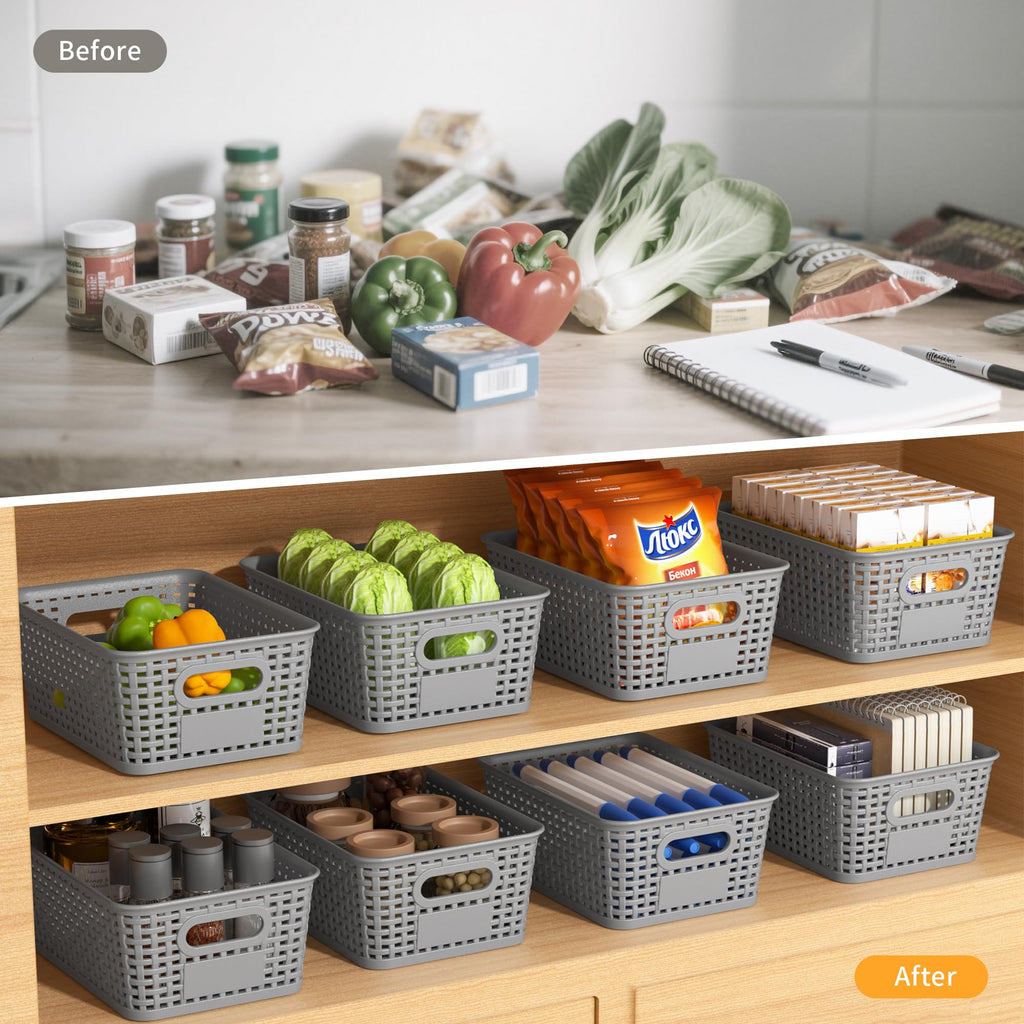 8 Pack Plastic Storage Baskets,Gray Stackable Storage Bins
