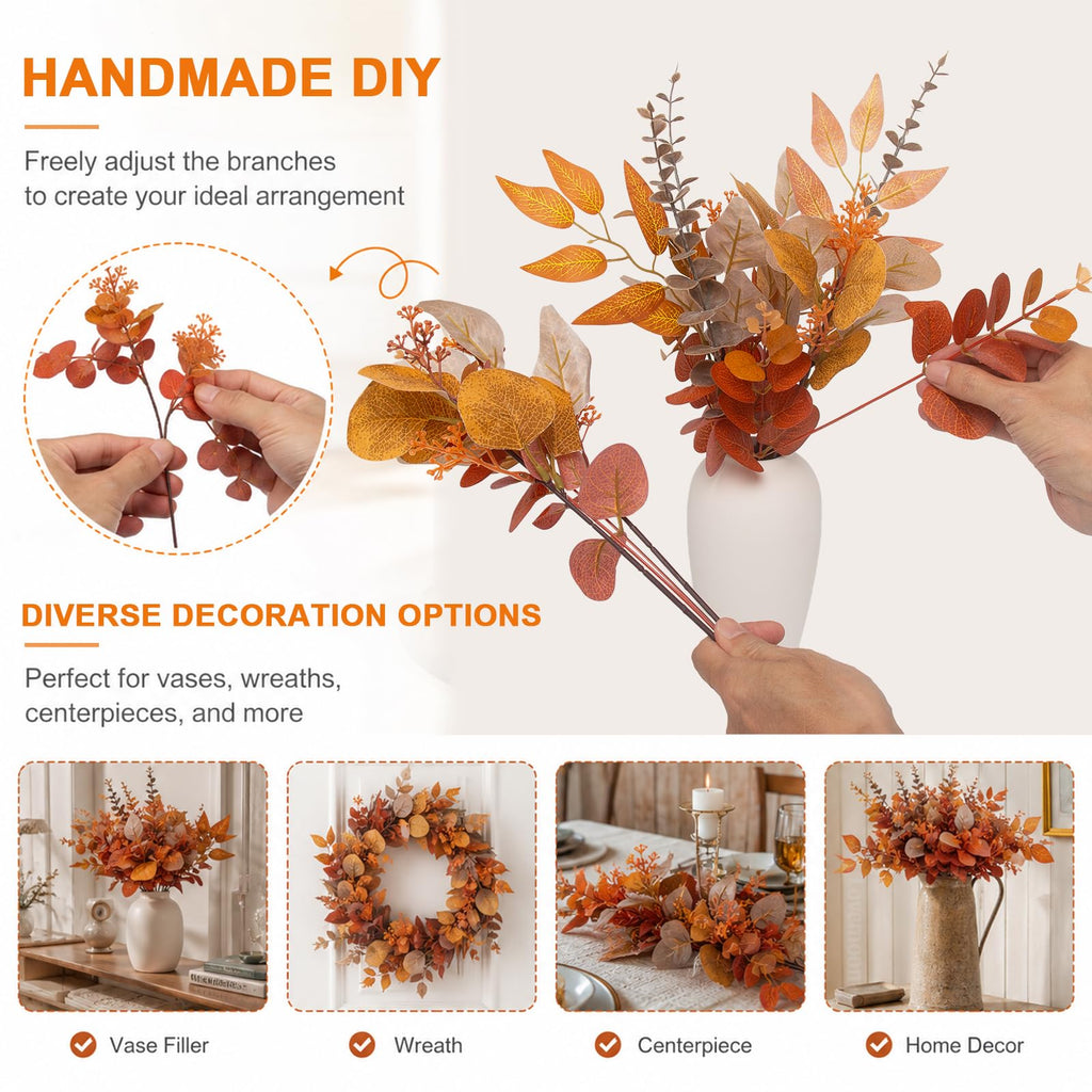 260 Pcs Fall Mixed Greenery Artificial Eucalyptus Stems, Orange
