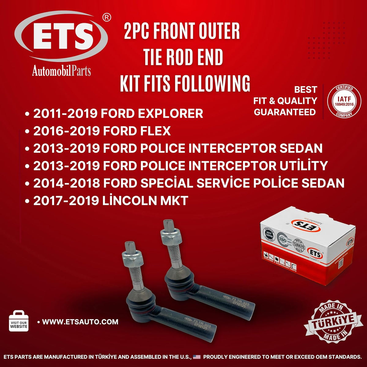 ETS 2Pc Front Outer Tie Rod End Kit ES800952 Fits Ford Explorer 2011-2019, Police Interceptor 2013-2019, Police Interceptor Utility 2013-2019, Special Service Police 2014-2018, Flex 2016-2019