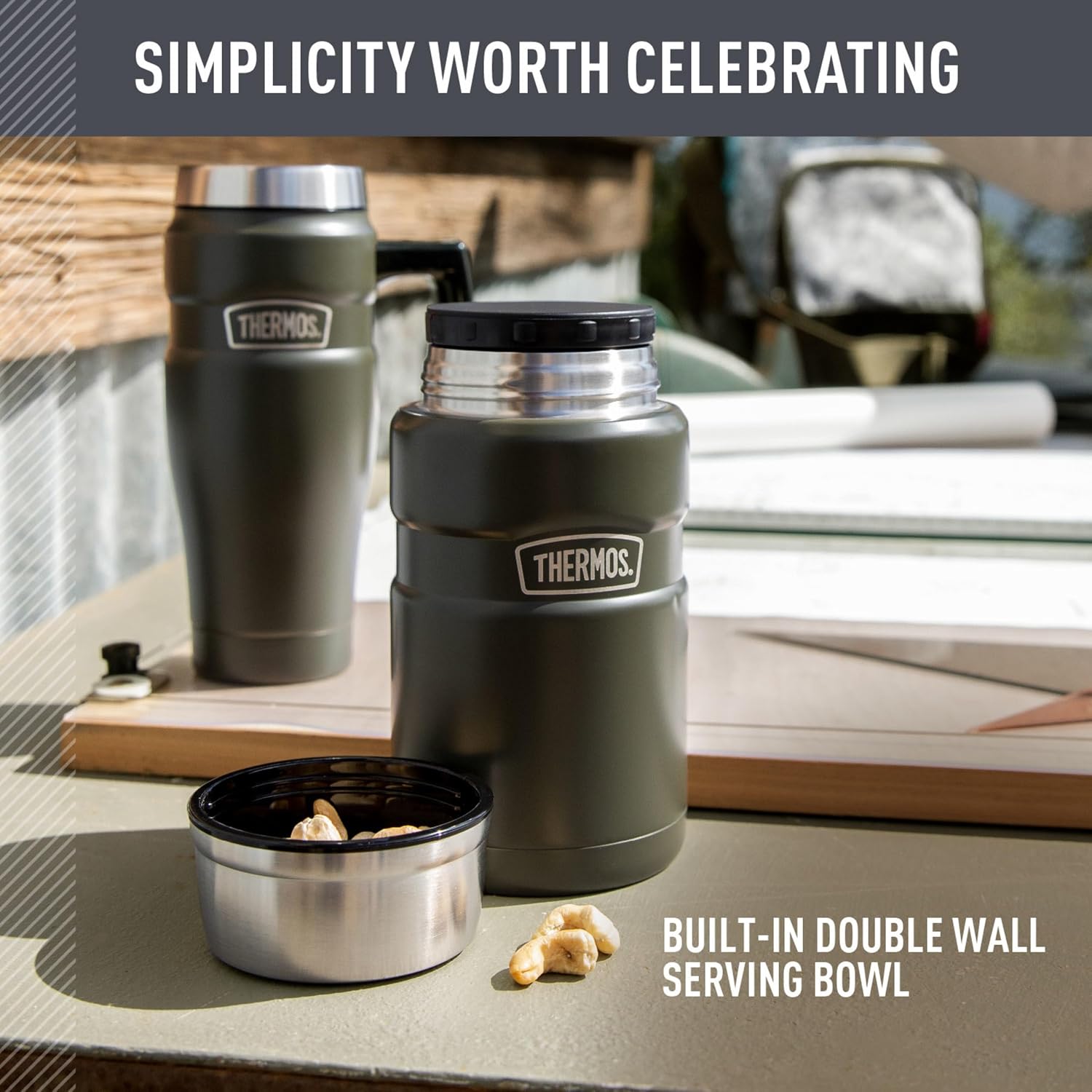 Stainless King Food Jar with Bowl, 24oz, Matte Steel | Stainless Steel Insulated Food Container with Built-In Bowl