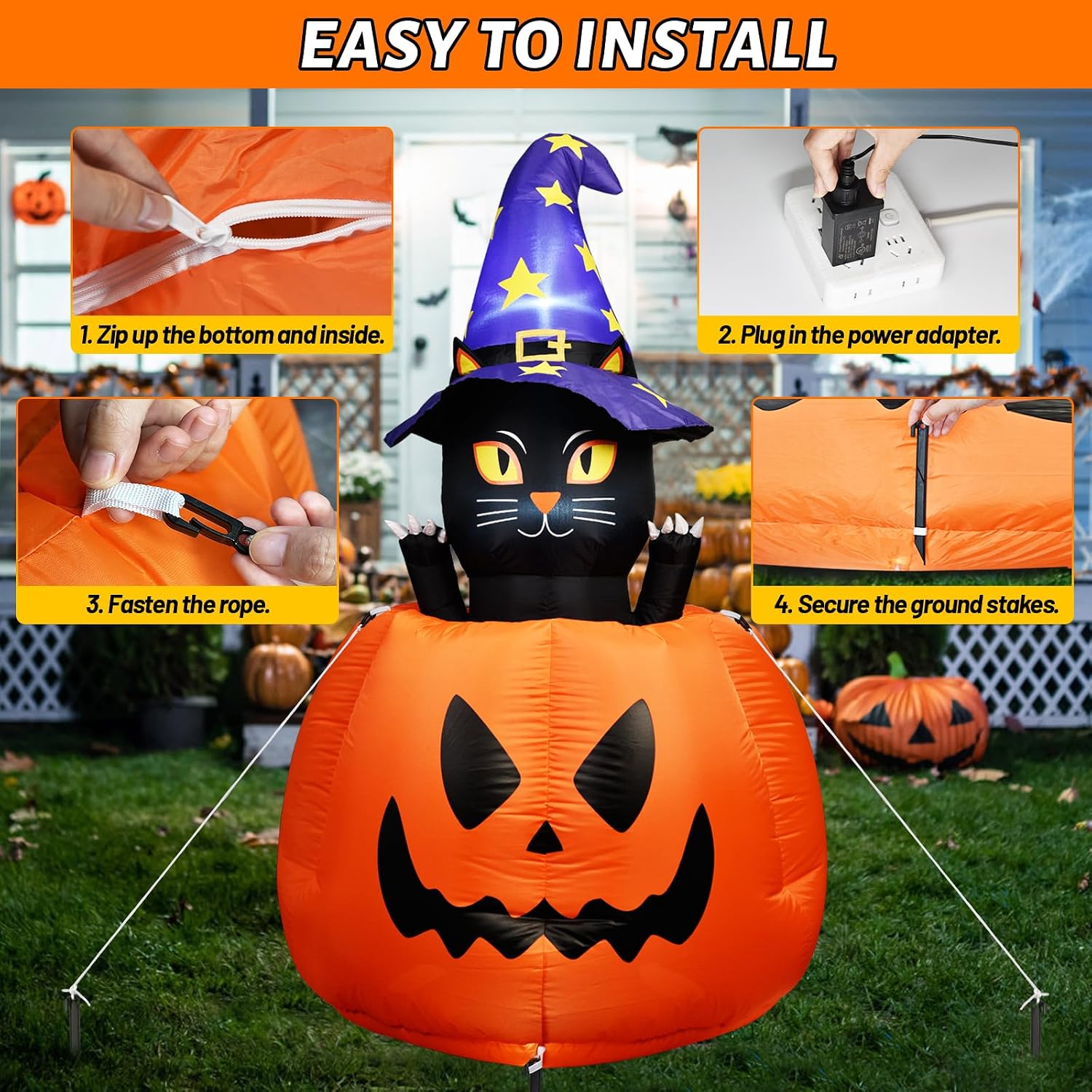 5.3 FT Halloween Inflatable Animated Witch Cat in Pumpkin, Blow Up Yard Decorations with Build-in LEDs Lighted Decor