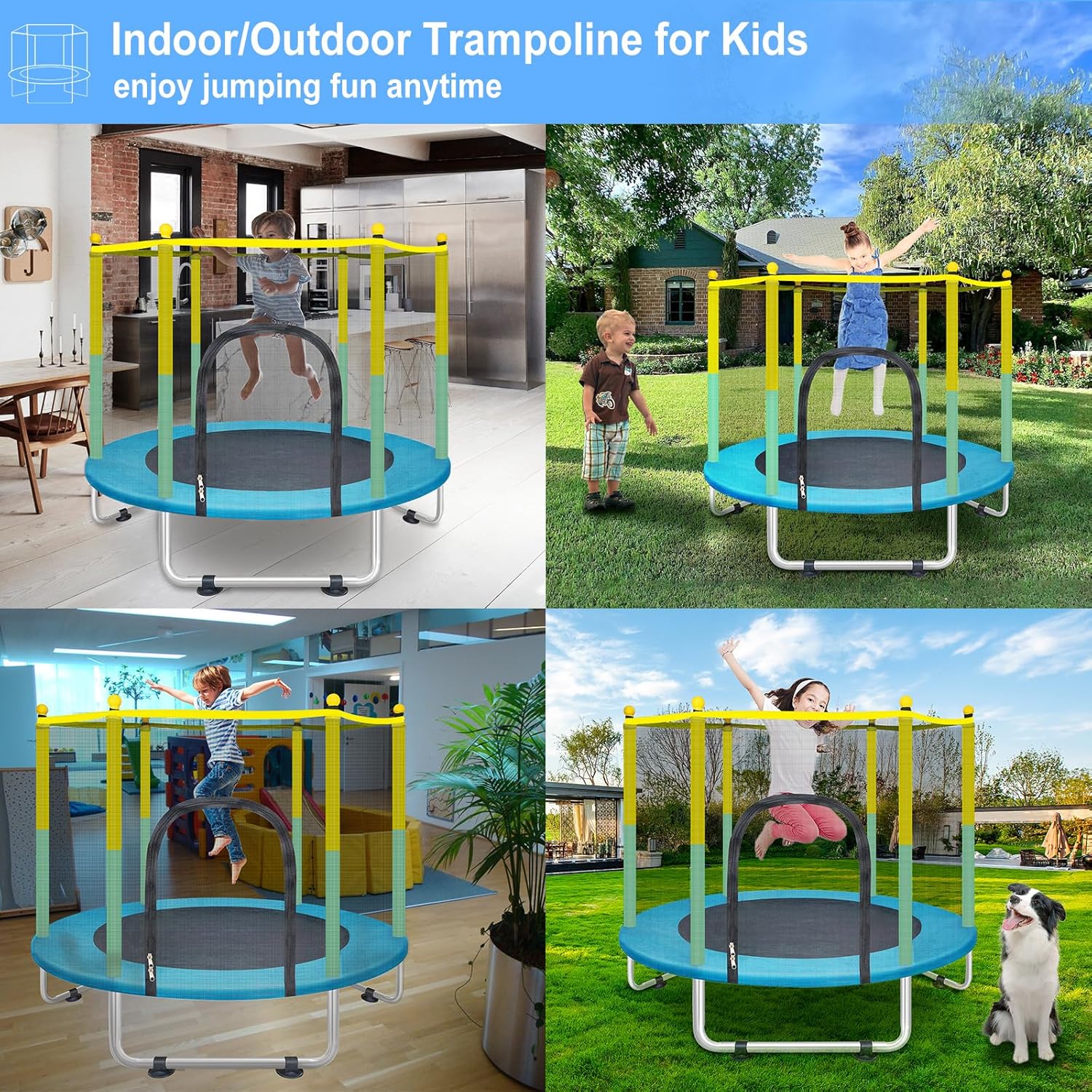 Indoor Trampoline for Kids Ages 1-8, 55" Small Outdoor Toddler Trampoline with Safety Enclosure Net, No-Gap Safe