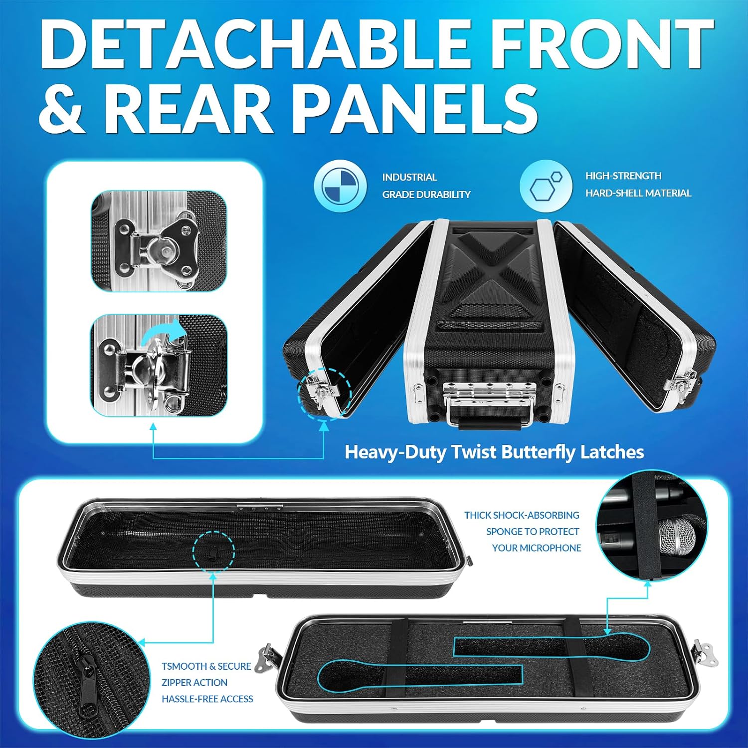2U ABS Rack Case Shallow 8" Depth, 19" Rackmount Flight Road Travel Case,WaterproofProtective Hard Case with