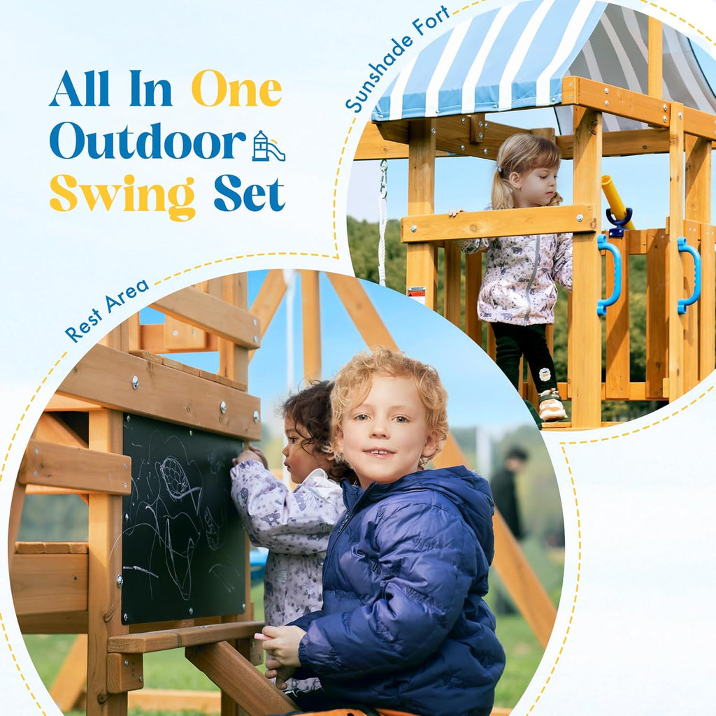 Swing Sets for Backyard, Wooden Swing Set, All-in-One Kids Outdoor Play Equipment with Two Swings, Slide, Rock