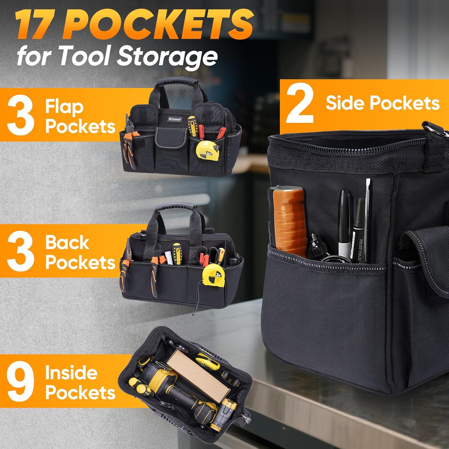 Heavy Duty Tool Bag with Multi-Pockets, Portable Tool Box Organizer Storage Bag, with Adjustable Shoulder Strap and