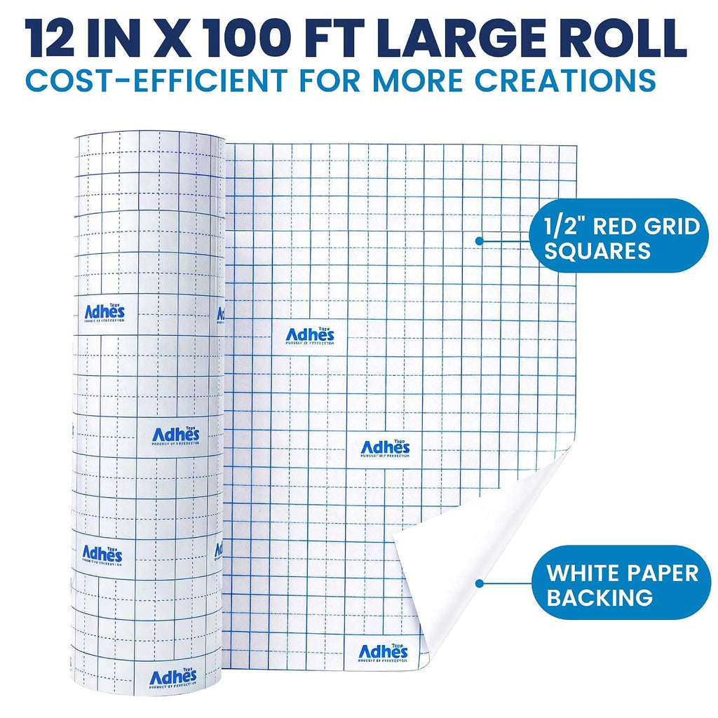 ADHES Premium Crystal Clear Transfer Tape for Vinyl with Grid, 12" x 100FT