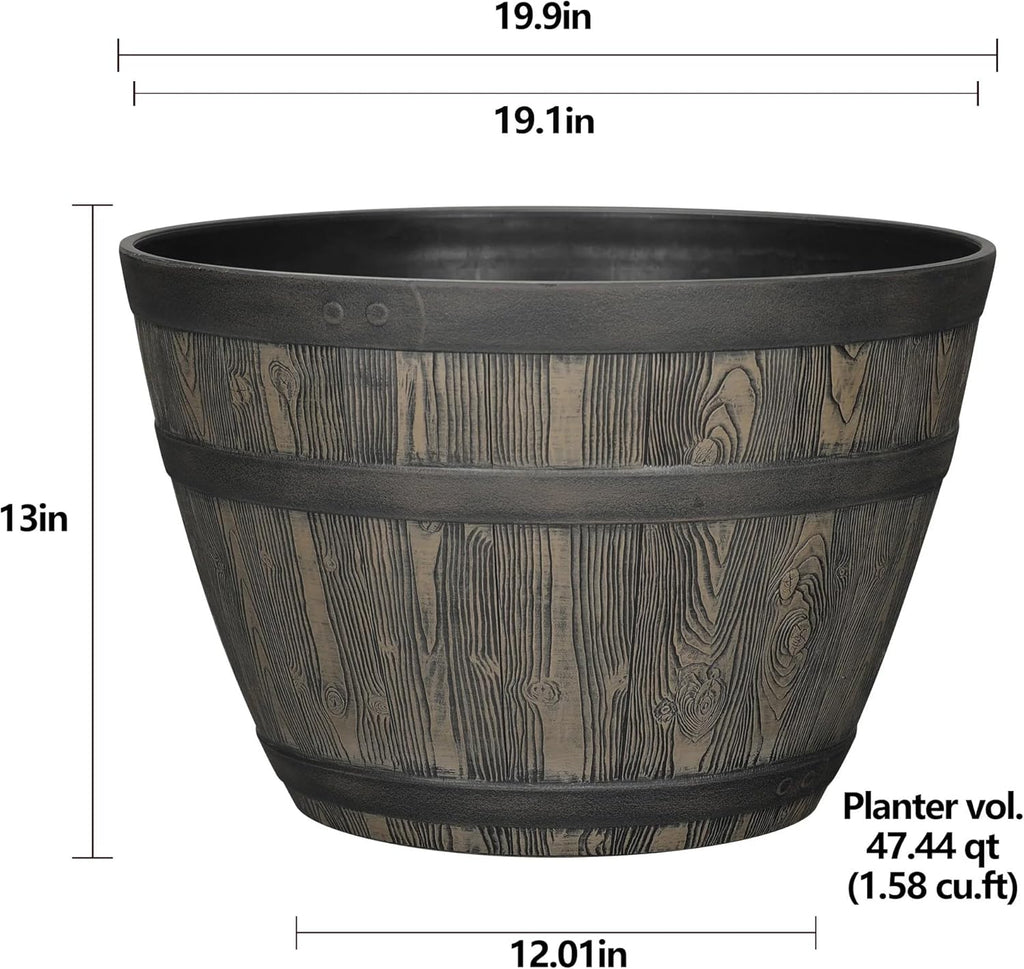 20 Inch Whiskey Barrel Planter, 100% Recycled Resin Large Round Flower Pot with Wood Grain Detail, Indoor Outdoor