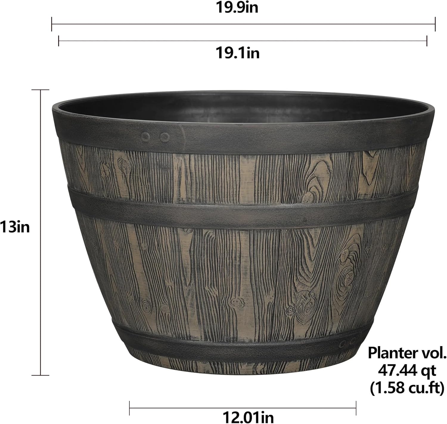 20 Inch Whiskey Barrel Planter, 100% Recycled Resin Large Round Flower Pot with Wood Grain Detail, Indoor Outdoor