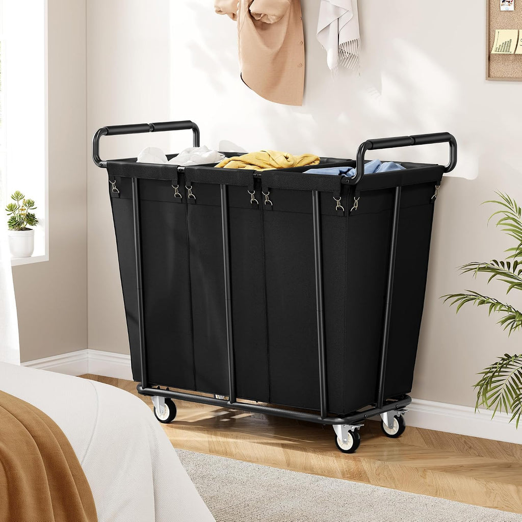 3 Section Heavy Duty Laundry Sorter Cart with Wheels, 360L, Black | Rolling Laundry Hamper Sorter Cart, Extra Large