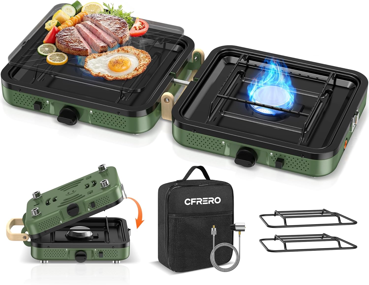 Propane 2-Burner Foldable Camping Stove with Carry Bag, Portable Propane Camp Stoves with Adjustable Burners & Piezo