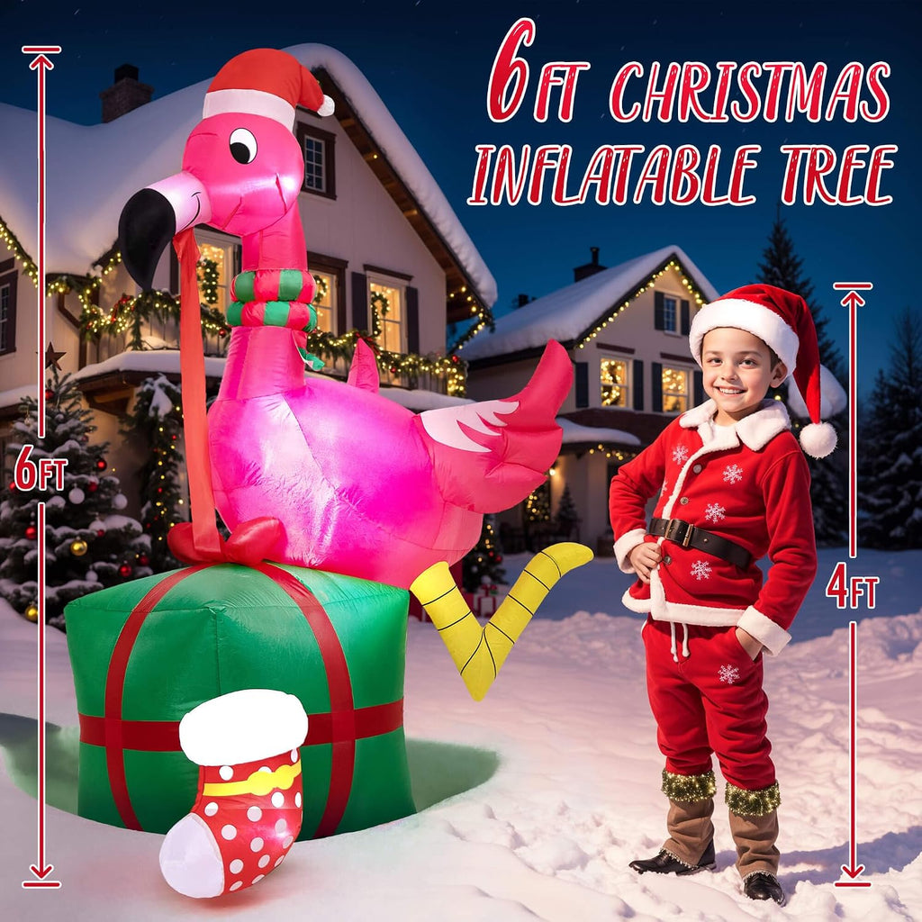 Christmas Inflatables Outdoor Decorations - 6FT Christmas Blow Up Flamingo LED Lights with Gift Box & Christmas